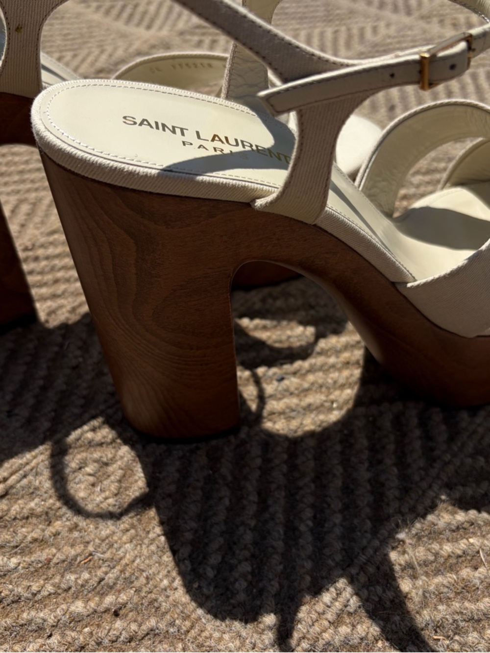 Saint Laurent Cream Leather Platform Sandal with Wood-Effect Heel - Picture 2 of 15